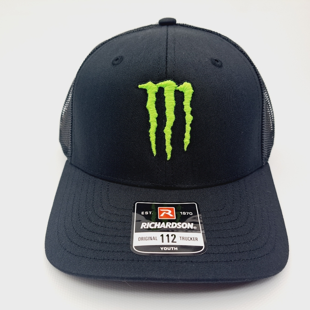 Richardson 112 Moster Energy Fox Youth Trucker Mesh Snapback Cap Hat Black